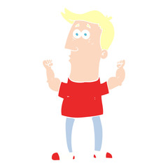 flat color illustration of a cartoon surprised man flexing biceps