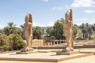 The recently raised quartzite Colossi of Amenhotep III at the Northern Gate of the temple Precinct...
