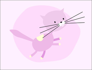 Cute vector pink cat, with long whiskers, jumping, on a bright pink background 