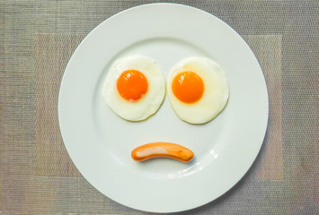Top view of fried egg and sausage is sad face on white plate  on table.