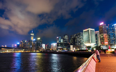 Hong Kong island central harbor and downtown cityscape at night