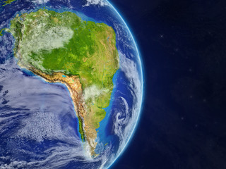 Fototapeta na wymiar South America from space on model of real planet Earth with highly detailed planet surface and clouds.