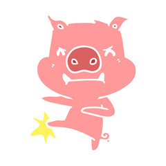 angry flat color style cartoon pig karate kicking