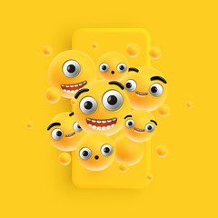 3D and different kinds of emoticons with matte smartphone, vector illustartion