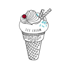 A scoop of ice cream with cherries, wafer rolls and whipped cream in a cone. Linear drawing. Vector illustration.