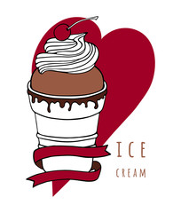 Chocolate ice cream ball with whipped cream in a waffle cup with a cherry and heart. Vector illustration.
