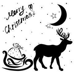 Deer carrying sleigh with gifts, moon and greetings merry christmas