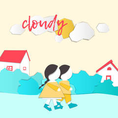Vector Characters. Weather Forecast in papercut style. Girl and boy outdoors on a cloudy day.Children's applique style