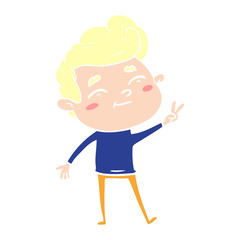 happy flat color style cartoon man giving a peace sign