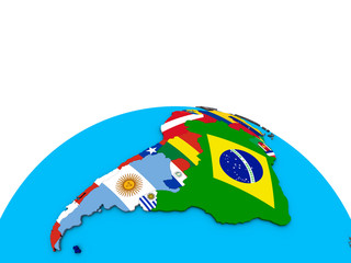 South America with embedded national flags on political 3D globe.