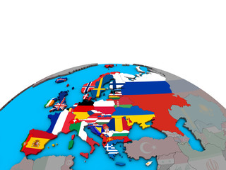 Europe with embedded national flags on political 3D globe.