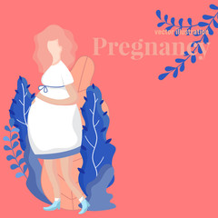 Pregnancy woman. Vector illustration in flat.Happy young woman in casual clothes holding her round belly and can't wait to have her baby. Hand drawn line art cartoon vector illustration.