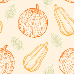 Pattern with pumpkins and green leaves.