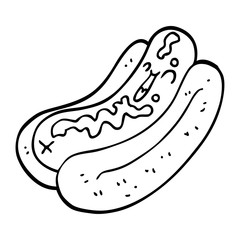 line drawing cartoon hotdog with mustard