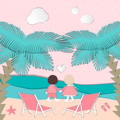 Obraz na płótnie Canvas Summertime illustration. Couple watching the sunset. Paper cut design