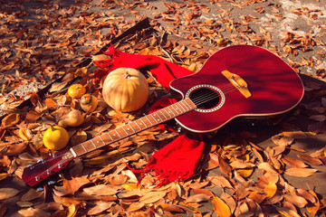 Acoustic red guitar in the fall outside
