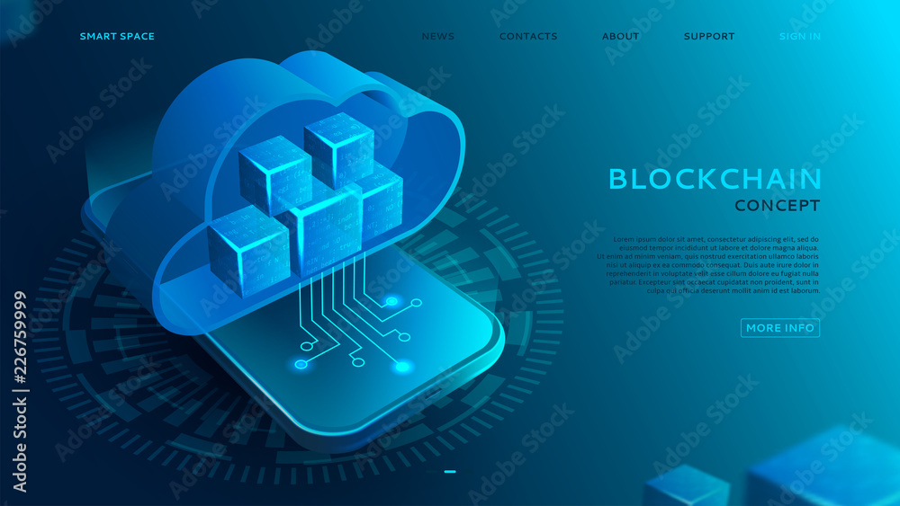 Poster landing page with blockchain concept. 3d abstract digital cloud and blocks or cubes constructs datab