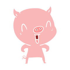 happy flat color style cartoon pig