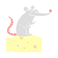 flat color style cartoon mouse sitting on cheese