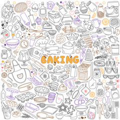 Baking doodles set. Bakery, confectionery and pastry stuff, tools, equipment and cooking ingredients. Hand drawn vector illustration isolated on white background