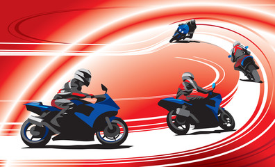 Fototapeta na wymiar Motorcyclists on the track, red background.