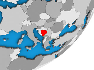 Fototapeta premium Bosnia and Herzegovina on blue political 3D globe.