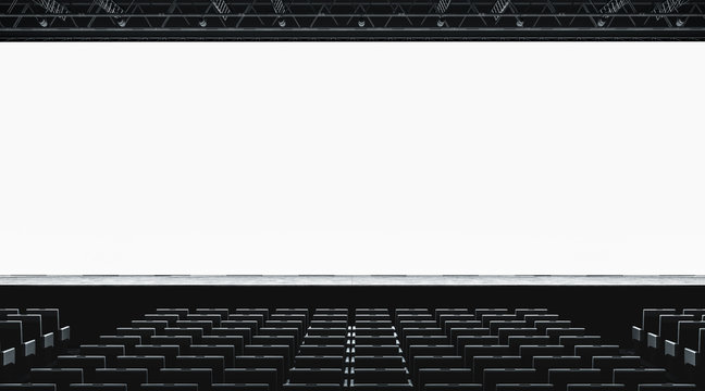 Blank White Large Screen In Presentation Hall Mockup, Front View, 3d Rendering. Empty Display For Cimena Or Business Conference Mock Up. Scene For Event With Auditorium. Meeting Room Template.