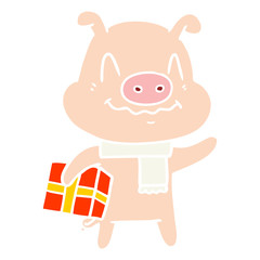 nervous flat color style cartoon pig with present