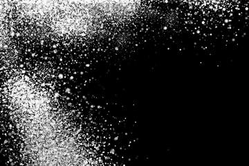 Snow explosion. Abstract grainy white texture isolated on black background. Overlay element for design