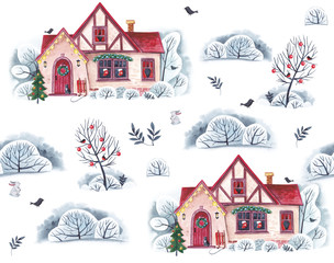  Watercolor pattern. Christmas house in a winter landscape on a white background.