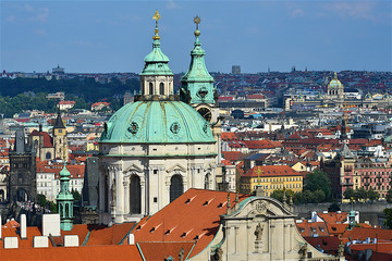 view of the city of Prague and the cupola of St Nicholas church