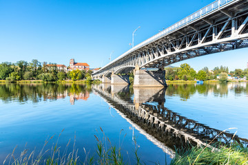Naklejka premium Tyrs Bridge over Labe River in Litomerice on sunny summer day, Czech Republic.