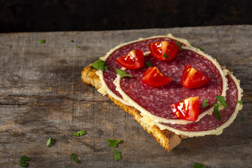 Open sandwich with salami surrounded by parmesan cheese