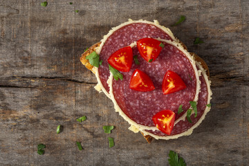 Open sandwich with salami surrounded by parmesan cheese with copy space