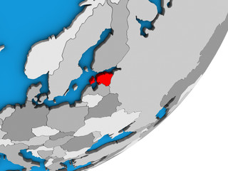 Estonia on blue political 3D globe.