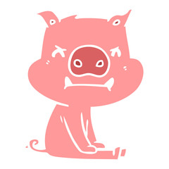 angry flat color style cartoon pig sitting
