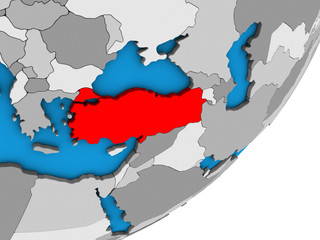Fototapeta premium Turkey on blue political 3D globe.