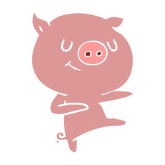 happy flat color style cartoon pig dancing
