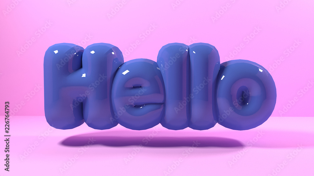 Wall mural 3d render blue bubble plastic on pink background letters hello