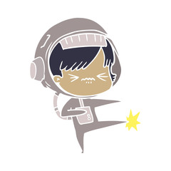 angry flat color style cartoon space girl stubbing toe