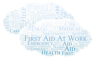 First Aid At Work word cloud, made with text only.