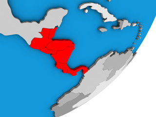 Central America on blue political 3D globe.