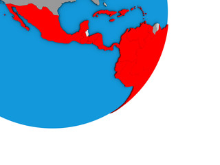 Latin America on blue political 3D globe.