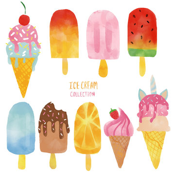 watercolour ice cream cone and Popsicle summer set