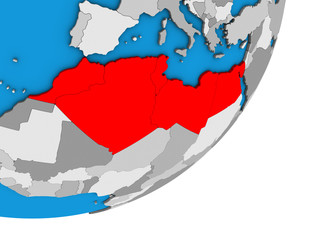 North Africa on blue political 3D globe.