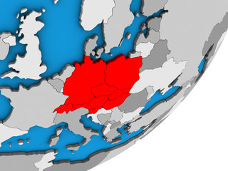Obraz premium Central Europe on blue political 3D globe.