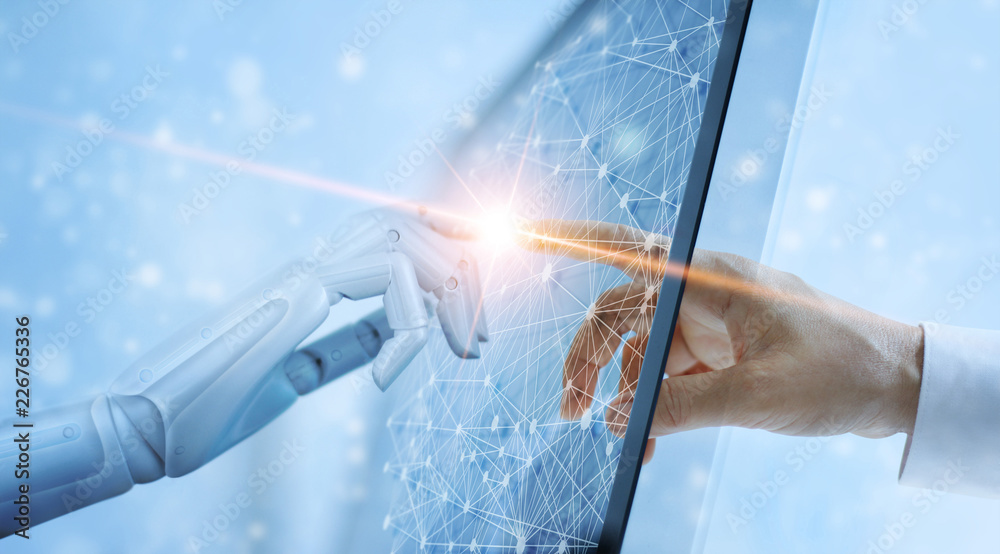 Aufkleber Robot hand and human touching on global virtual network connection future interface. Artificial intelligence technology concept.