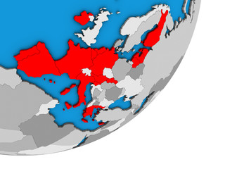 Eurozone member states on blue political 3D globe.