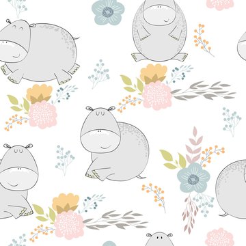 Vector hand drawn seamless pattern with flowers and hippos
