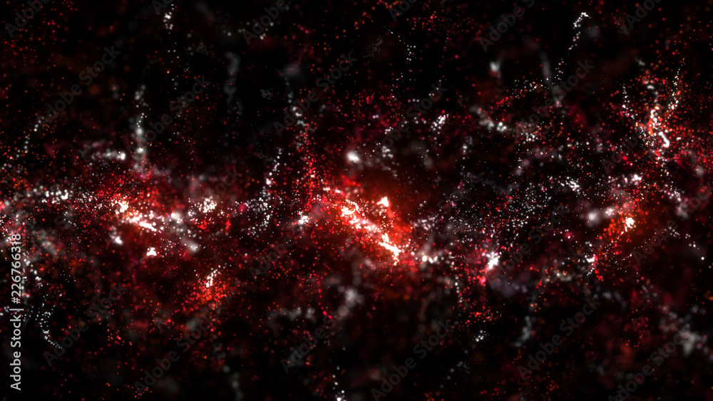 Poster 3d render abstract particles. randomly sized particles with glow and focus blur. positive and glitte